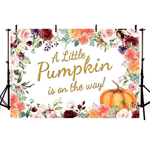 MEHOFOTO Little Pumpkin Girl Baby Shower Photography Backdrops Props Fall Autumn Red Pink Floral Princess Baby Shower Party Decoration Gold Photo Studio Booth Background Banner 5x3ft