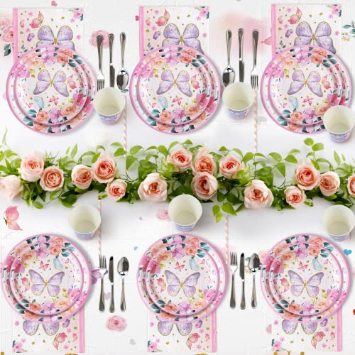 Butterfly Birthday Party Supplies Butterfly Paper Plates Set For 25 Guests Butterfly Theme Party Decorations Plates And Napkins Cups Straws Disposable Tableware Sets Girls Baby Shower Decorations #TOP5