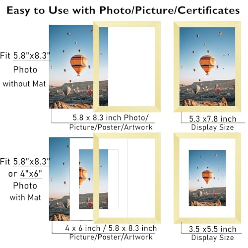 Image of JCJMY 5.8x8.3 A5 Picture Frame Gold with 4x6 Mat for Wall Hanging or Tabletop, Display Photo 4x6 with Mat or 5.8 x 8.3 Without Mat, Wall Poster Photo Frame with Shatter Resistant Plexiglass, Gold