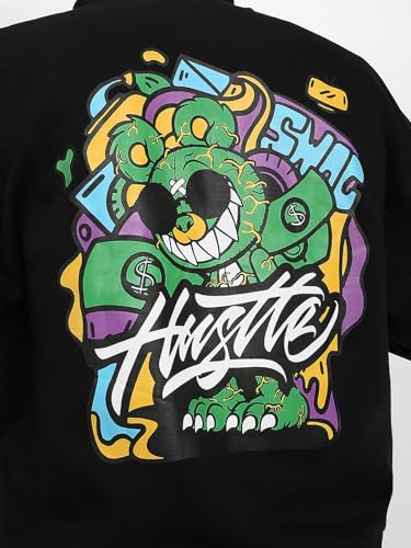 Image of Veirdo Cotton Fleece Oversized Fit Black, Grey, Green, Blue & Orange Cool & Aesthetic Hustle Monster Graphic Printed Full Sleeve Hoodie for Men