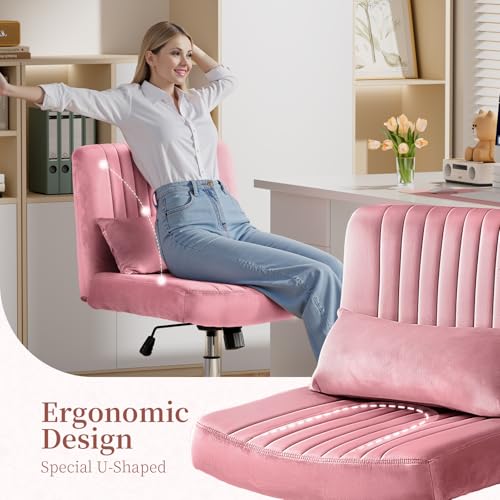 Image of Warmiehomy Velvet Criss Cross Desk Chair with Wheels, Luxury Cross Legged Office Chairs for Home Office, Swivel Wide Seat Vanity Chair, Armless Adjustable Height Gaming Chair Gift, Dusty Rose
