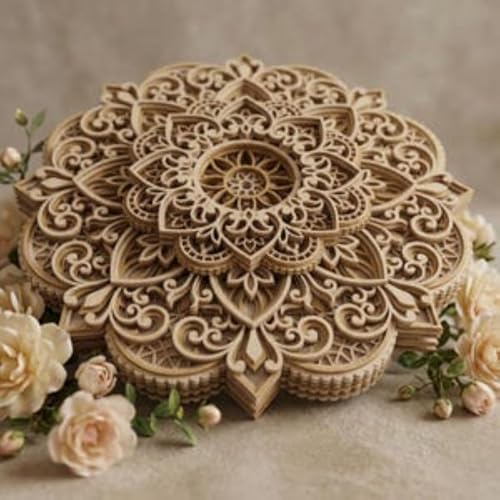 Image of American Elm Wooden Mandala Wall Art 8 Inch Round Living Room Decor 8-Layer Multilayer MDF Design Ready-to-Hang Wall Hanging Home Wall Art