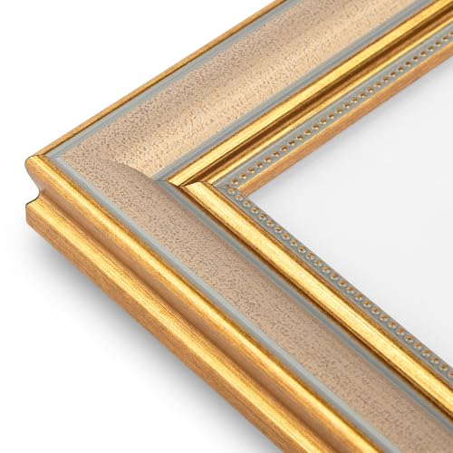 Image of Golden State Art,9x12 Ornate Picture Frame Holds 6x8 Photo,Champagne Gold | Includes real glass front,white mat,build-in hangers and buttons.Displays 6x8 photo on wall