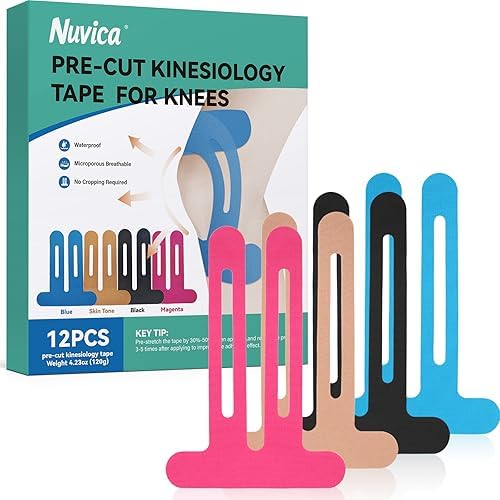 Pre-Cut Knee Sports Tape 12 Pcs for Knee Support and Stability Waterproof and Elastic Breathable Knee Patch Relieves