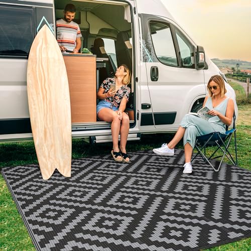 Image of GENIMO Outdoor Rug for Patio Clearance, 5'x5' Waterproof Camping Mat, Reversible Plastic Straw Rugs for RV, Camper, Balcony, Backyard, Picnic, Deck, Black & Gray