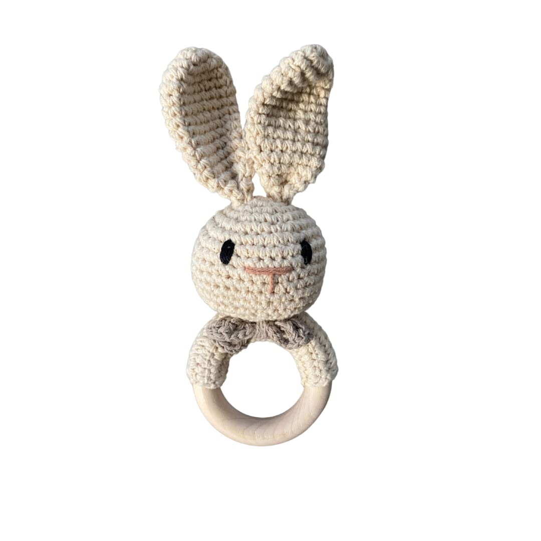 Sponsored Ad – Bunny Rattle - Newborn Sensory Toys - Made from Natural Beach Wood and Soft Crochet Wool - Perfect for Little Hands to Hold - Suitable from 3 Months Old