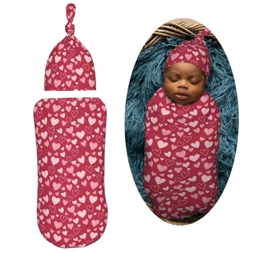 Image of Red Heart Newborn Swaddle Blanket with Beanie Set Soft Baby Sleep Sack Stretch Adjustable Swaddle Wraps Receiving Blankets