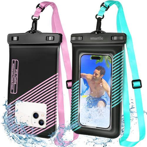 smartlle Floating waterproof phone holder pouches cases covers, IPX8 cell phone water protectors 2 pack w/Adjustable Neck Lanyard, for iPhone 15 14 13 Pro Max 12 11