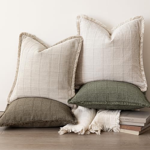 Image of Foindtower Set of 2 Decorative Linen Check Fringe Throw Pillow Covers Farmhouse Vintage Cushion Covers Modern Boho Home Decor for Sofa Chair Couch Bedroom Living Room,18x18 Inch,Natural Beige
