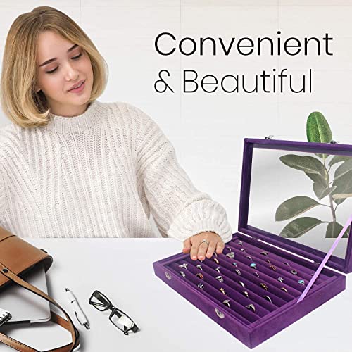 Ring Organizer Display Case ~ 11 Rows Multiple Ring Holder ~ Jewelry Tray Organizer With Studs ~ Ring & Earring Holder Storage Box For Shows With Transparent Lid (Purple) #TOP6