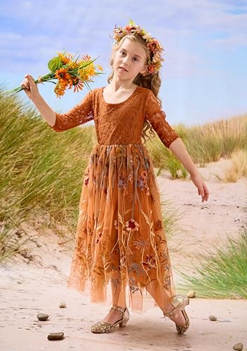 VEYOLOB Flower Girl Dress A-Line Floral Embroidered Tulle Lace Long Sleeve Dresses for Wedding Garden Birthday Party3