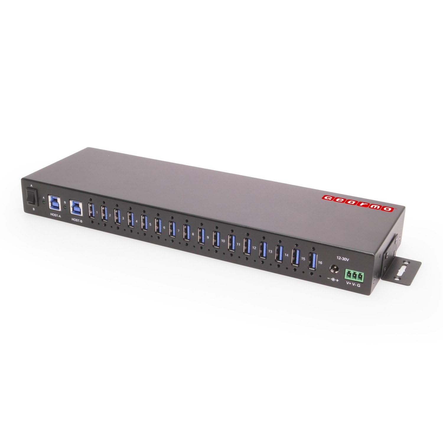 Gearmo Hub USB de montaje en rack de 16 puertos, puertos USB 3.0 tipo A, puertos dobles ascendentes, velocidad de 5 Gbps, protección contra sobretensiones ESD, concentrador USB industrial de 1U