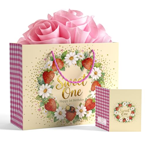 BOPLYBAY Premium Sweet One 1st Birthday Gift Bag Set for Baby Girl Strawberry Berry First Birthday Large Gift Bag with Gold Foil Matching Card & 3 Pink Tissue Paper Sheets 13x10x4.7 Inch