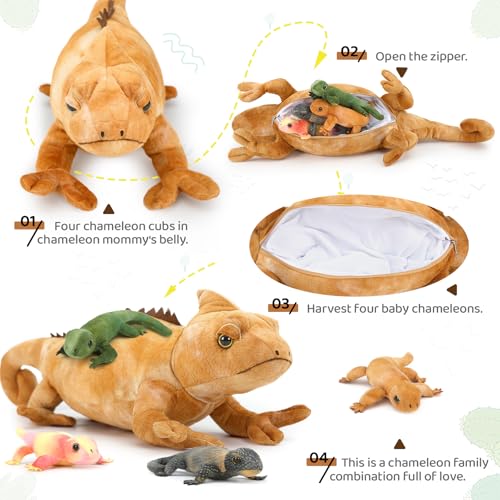 Image of Lizard Stuffed Animal with 4 Babies, 27 inch Chameleon Plush, Yellow