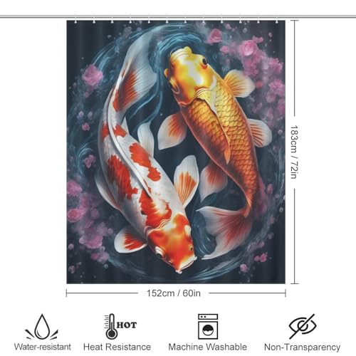 Rideau de douche poisson koï tissu polyester imperméable 152x183 cm lavable avec crochets