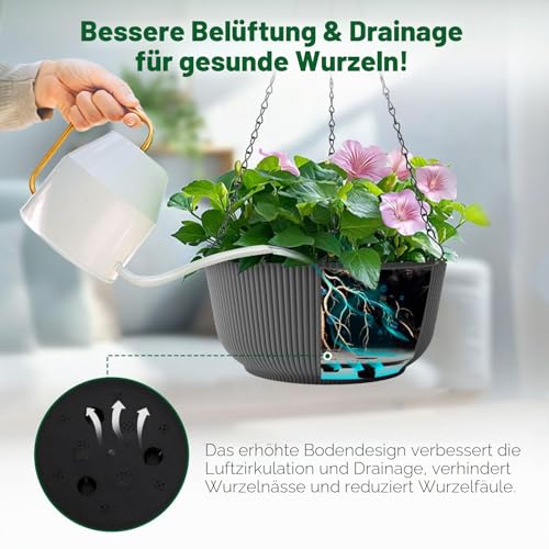 T4U Φ30cm Blumentopf Hängend Plastik 2er Set, Hängetöpfe für Pflanzen mit Ketten, Blumenampel Hängend Außen mit Wasserspeicher zum Garten Balkon Wohnzimmer Hängeampel Outdoor für Pflanzen Schwarz Matt