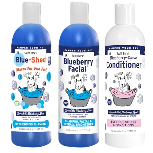 Combo Three-Pack (12 oz. Bottles): Blueberry Facial®, Blue-Shed® Shampoo, Blueberry-Clove Conditioner | Dogs and Cats | Brightener - Tear Stain Remover | Deshedding, Conditioning, Deodorizing | USA