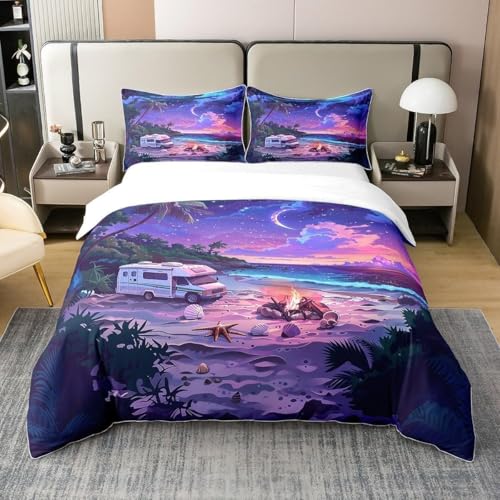 Camping Morado Funda NóRdica 150x200cm, Estampado Morado Juego de Cama de 3 Piezas con 2 Fundas de Almohada 50x75 cm, Funda de EdredóN con Estampado 3D, Microfibra con Cremallera