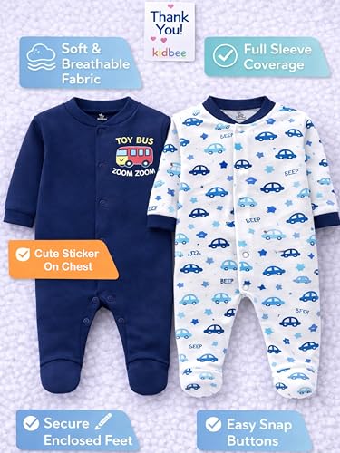 Image of Kidbee Baby Cotton Romper Pack of 2 | 100% Soft Cotton Hosiery | Front Open Snap Buttons | Full Sleeve Footed Sleepsuit | Newborn Baby Clothing Set