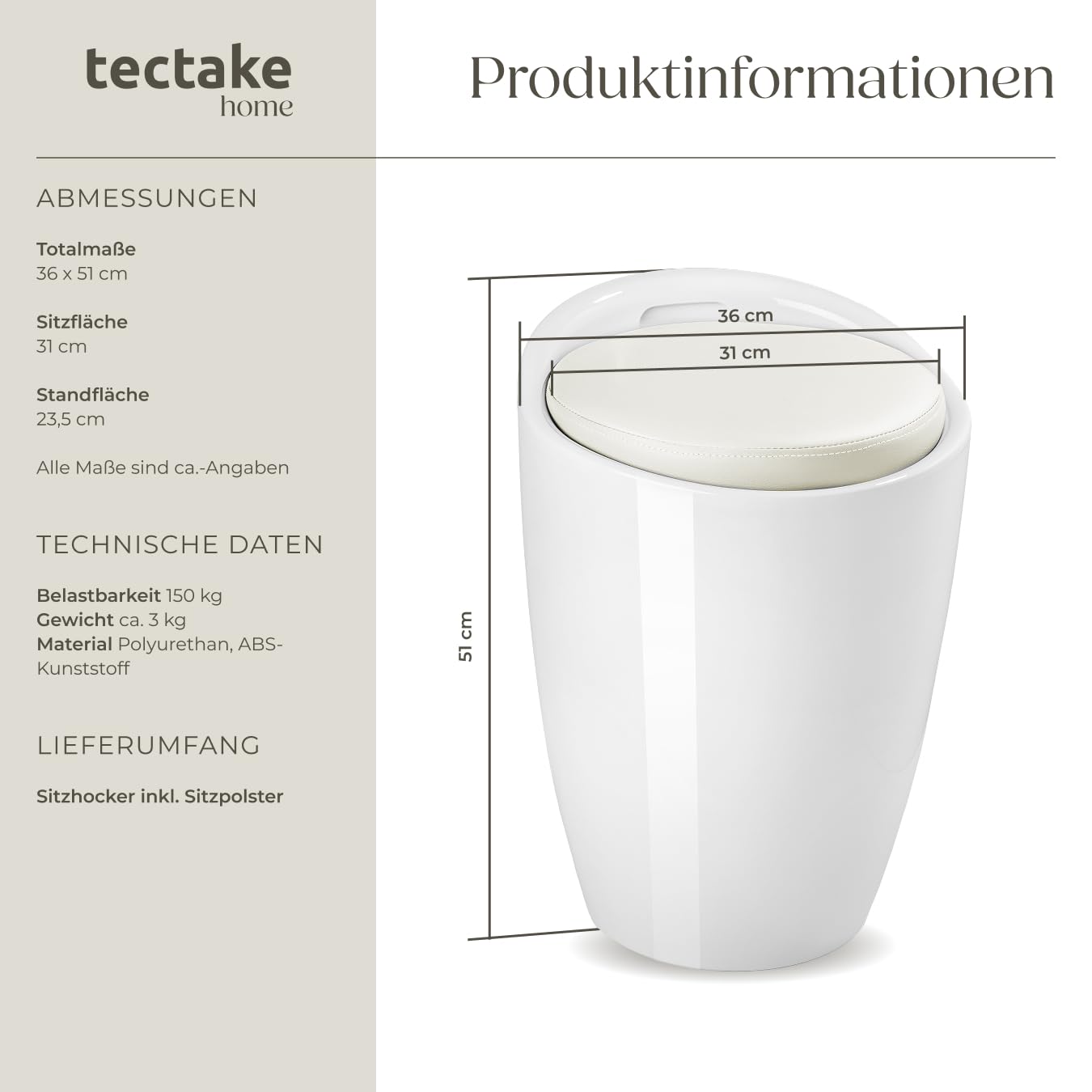 tectake® Sitzhocker, Badhocker, Hocker mit Stauraum und Sitzkissen, als Badezimmer Deko und Wäschekorb mit Deckel, Möbel für Dusche, Badezimmer, Hocker Schminktisch, Wäschekorb schmal, rund - weiß