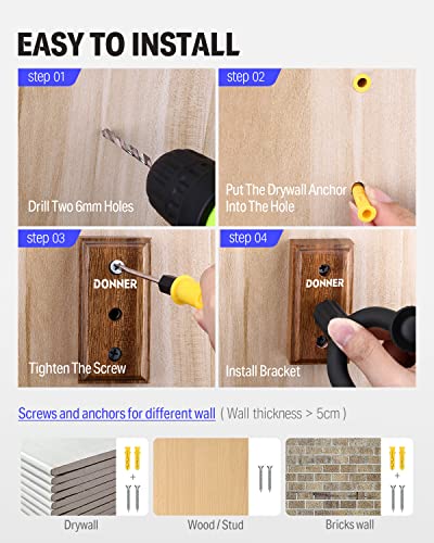 Donner Guitar Wall Mount Hanger 6-Pack, Black Walnut Guitar Wall Holder For Acoustic Electric Guitars, Bass, Folk Ukulele, Violin, Mandolin Banjo And String Instruments #TOP3