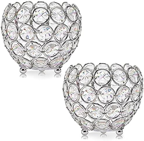 MEKOUZON Set of 2 Crystal Metal Bowl Candle Holders, Silver Votive Candle Holders for Wedding Centerpieces , Party Decorations , Home Decor Accents