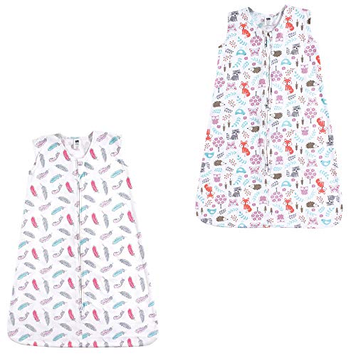 Hudson Baby Unisex Baby Cotton Sleeveless Wearable Sleeping Bag, Feathers Woodland Fox 2-pack, 0-6 Months US