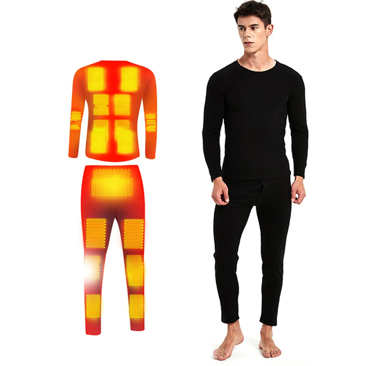 scosao Beheizbare Unterwäsche Herren, 20-Zonen Heizung Thermounterwäsche Set USB Elektrisch Beheizte Kleidung Top + Hose, 5-Gang-Temperaturregelung, für Motorrad Cycling Ski Angeln Jagd