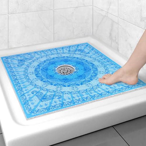 Image of Square Shower Mat Non Slip: 27x27 Inch Extra Large Shower Floor Mat with Drain Hole in Middle - Soft PVC Loofah Bath Mat for Shower - Anti Slip Shower Stall Mat for Elderly and Kids