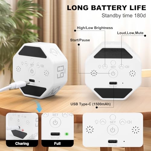 Image of Small Productivity Timer - Pomodoro Timer with 3 /5 /10 /25 /60 Min Presets & Custom Countdown | Magnetic Rechargeable Digital Clock for Desk, Study and Games (White)