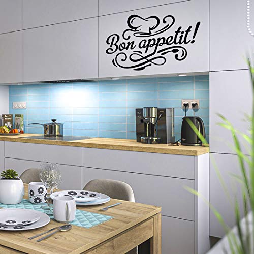 Bon Appetit Wall Sticker Kitchen Decal Quotes Lettering Room Decor Coffee Black Vinyl Dining Quote Decoration Accessory Stickers Art Cafe Pub Restaurant Cup Chief Toque Transfers Decals Mural Stencils #TOP3
