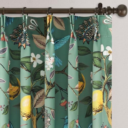 Image of Sage Green Printed Pattern Curtains 96 Inches Long for Living Room,Farmhouse Floral Vintage Art Deco Drapes,Pinch Pleated Blackout Hummingbird Lemon Patterned Window Treatment for Bedroom 2 Panels