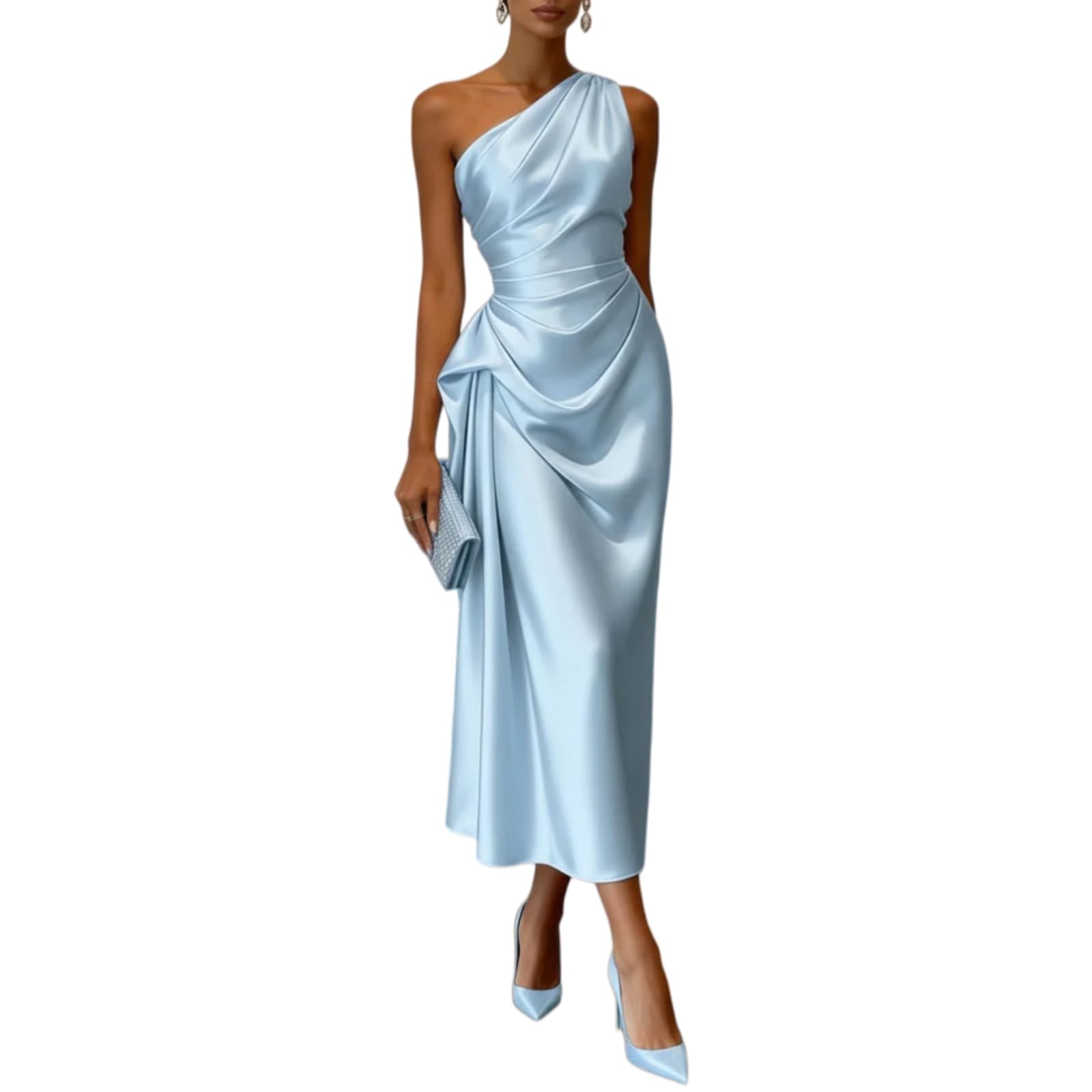 Vestito Abito da Donna A Una Spalla Midi, Elegante Senza Maniche in Raso con Vita Stretched, Serata Cocktail Party E Sposa Ospite Indossare-Blue Blue-m