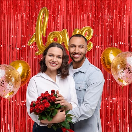 Image of Graduation Backdrop Decorations, Thicken Red Streamers 2 Pack 3.2x8.2 FT, Foil Fringe Tinsel Curtains for Birthday, Valentines, Casino, Carnival Party Decorations