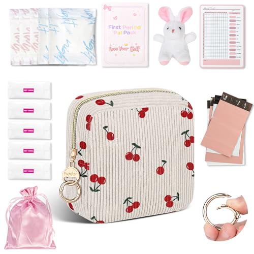 Image of First Period kit for Girls, Corduroy Cute Sanitary Napkin Storage Bag, Menstrual Pad Bag Tampon Holder for Purse, First Period Gifts (Cherry-Beige)