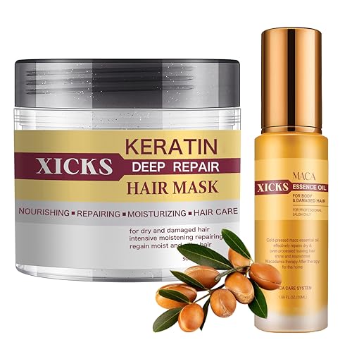 Xicks Keratin Hair Conditioner 16.9 oz and Maca Hair Care Essence Oil Set - Deep Repair Treatment for Dry, Damaged Hair - Professional Hair Care for Split Ends and Shine for All Hair Types
