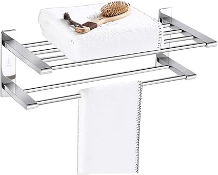Toallero de baño con dos toalleros, estante multifuncional con acabado cepillado para montaje en pared, decoración del hogar