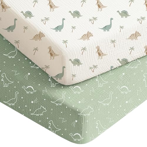 Konssy Muslin Crib Sheets for Boys, Soft Cotton Neutral Baby Sheets for Standard Crib Mattress 2 Pack, 52'x28' (Dino Jungle,Sage Dino)