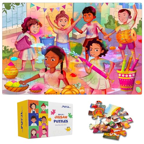 Image of Set of 2, 60 Pieces Each, Diwali & Holi Theme Jigsaw Puzzles for Kids 5+ Years, Festivals of India, Cardboard Puzzle Game for 7-10 Year Olds, Activity Sheets Included