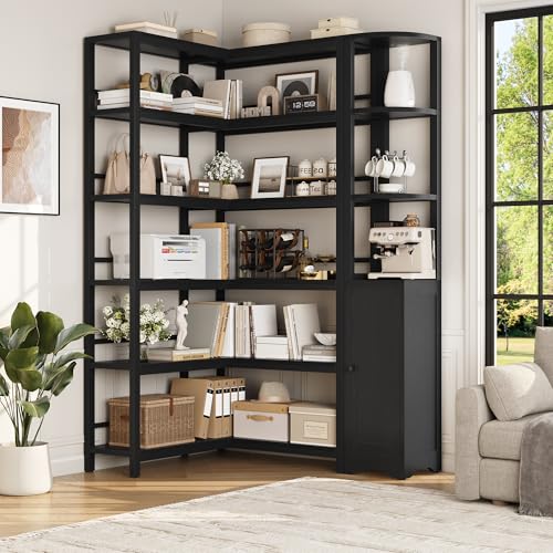 Keyluv Black Corner Bookshelf 72' Tall Corner Book Shelves Cases 2 Pieces Open Bookcase Large Storage Display Shelf Standing 6 Tier Shelving Unit with Cabinet for Home office Living Room, Wood & Metal