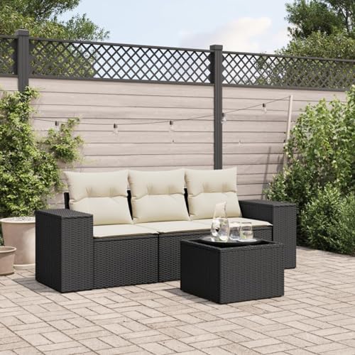 Homgoday Juego de sofás jardín 4 pzas con Cojines ratán sintético Negro Sofá de jardín con Mesa Muebles de jardín Exterior Rattan Garden Furniture Set de Jardin Negro y Crema