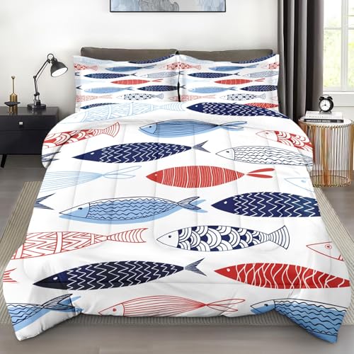 Pamnest Comforter Set Full Size, Fish Blue Summer Soft 3 Pcs Bedding for Kids and Adults, Red Sea Cute Comforter Set with Pillowcase, for Bedroom Bed Decor