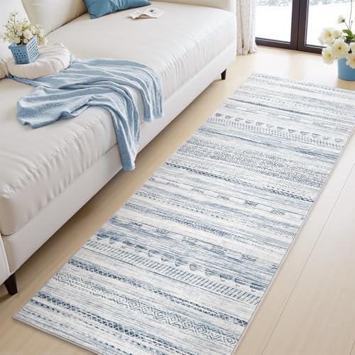 2x8 Runner Rug Machine Washable Non Slip Area Rug Distressed Neutral Moroccan Boho Rug Ultra Soft Floor Runners for Hallways for Entryway Laundry Room Kitchen, Blue