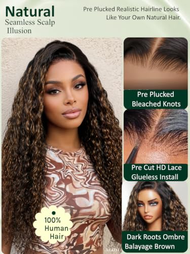 Image of KLAIYI Bye Bye Slip Ombre Highlight Balayage Brown Water Wave Glueless Precut 7x5Lace Front Wigs Human Hair Drawstring Pre Plucked Bleached Knots Dark Roots Curly 3S Ready to Wear and Go Wig 20Inch