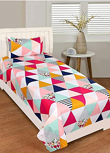 Image of Glace Cotton Single Bedsheet 60x90 Inches with 1 Pillow Cover 18x28 Inches - Geometric Triangle Print Bed Sheet Set - Soft Flat Bedcover for Single Mattress Bedroom Hostel Room - White Triangle