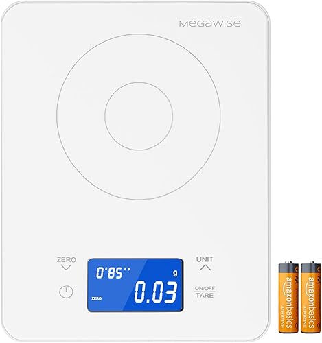 MEGAWISE Báscula de café de alta precisión con temporizador, fuente de alimentación de batería, vidrio templado impermeable, 5 modos de pesaje,