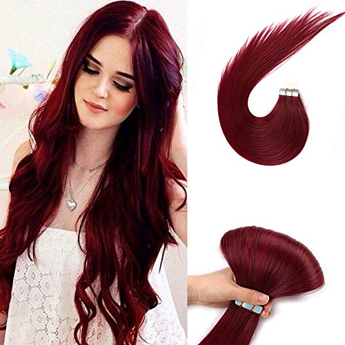 Burgundy Tape in Human Hair Extensions 5pcs 99J Silky Straight Wine Red Tape Hair Extensions (18", 99J)