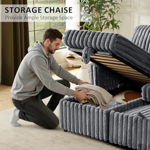 Image of KCGKCG 81 inch Sectional Sleeper Sofa Bed, Pull Out Couches for Living Room | Pull Out Sofa Bed with Storage Chaise, Dual Cup Holders, Side Storage Pocket, Charging Station, Plush Corduroy Fabric