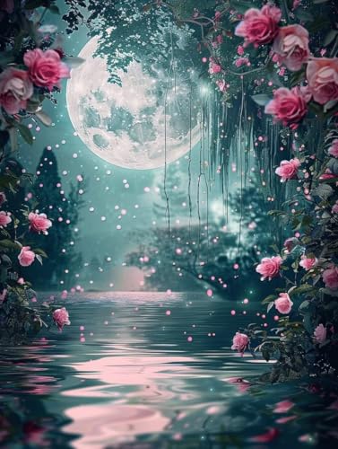 Diamant Painting 60x80 cm Lune Fleurs - Kit Peinture Diamant Complet 5D