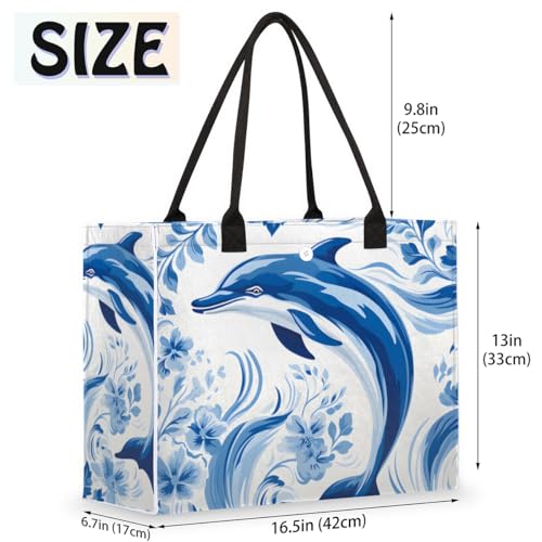 Art Blue Dolphin Tote Bag for Women Large Beach Bag Reusable Tote Bags for Work Travel Beach Shopping2